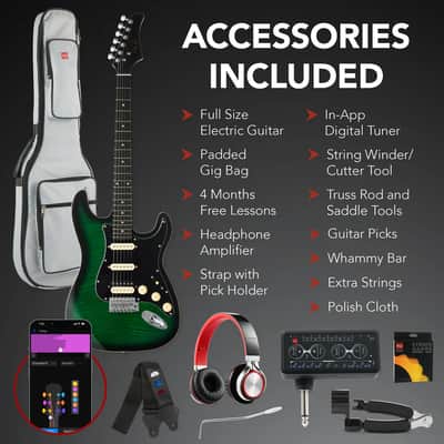Beginner Electric Guitar Kit w/ Headphone Amp, Padded Gig Bag, Headphones - Green image 3