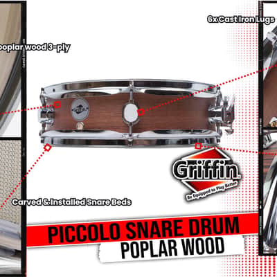 GRIFFIN Snare Drum – 13"x3.5" Poplar Shell (Piccolo littleSNAP Series) with Flat Hickory Finish, Coated Drum Head, Snare Throw Off & Marching Kit Use image 12