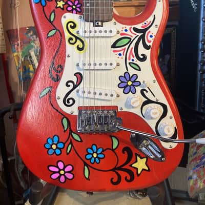 Lyon by Washburn By Washburn Strat Style Hendrix Inspired 2000s? - Handpainted Hippie Floral image 1