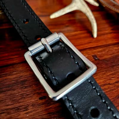 Hand Made, Hand Stitched Guitar strap "Rockatansky" in Black & Black - Vegetable Tanned Leather image 4
