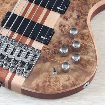 Custom 7 String Electric Bass, Burl Wood Top Body, Maple Neck, 24 Frets Fingerboard Fretboard image 5