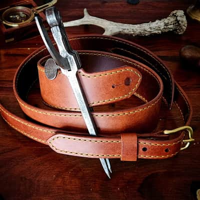Handmade Leather Guitar Strap - Wolf in Chestnut and Pea Green [SOLD, MORE MADE TO ORDER] image 3