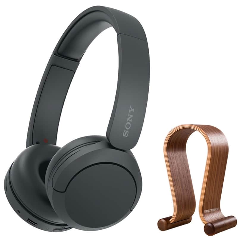 Sony Wireless Headphones with Microphone, Black with Wood Headphone Display Stand image 1