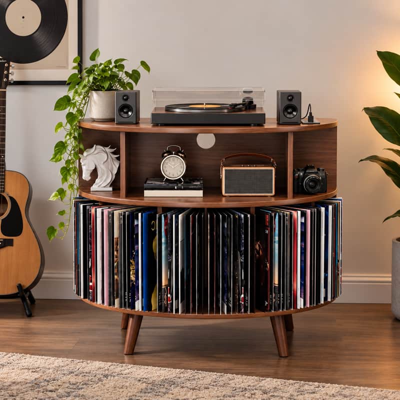 31.5" Mid-Century Record Player Stand w/ Power Outlet & 100+ Vinyl Record Storage – Walnut image 1