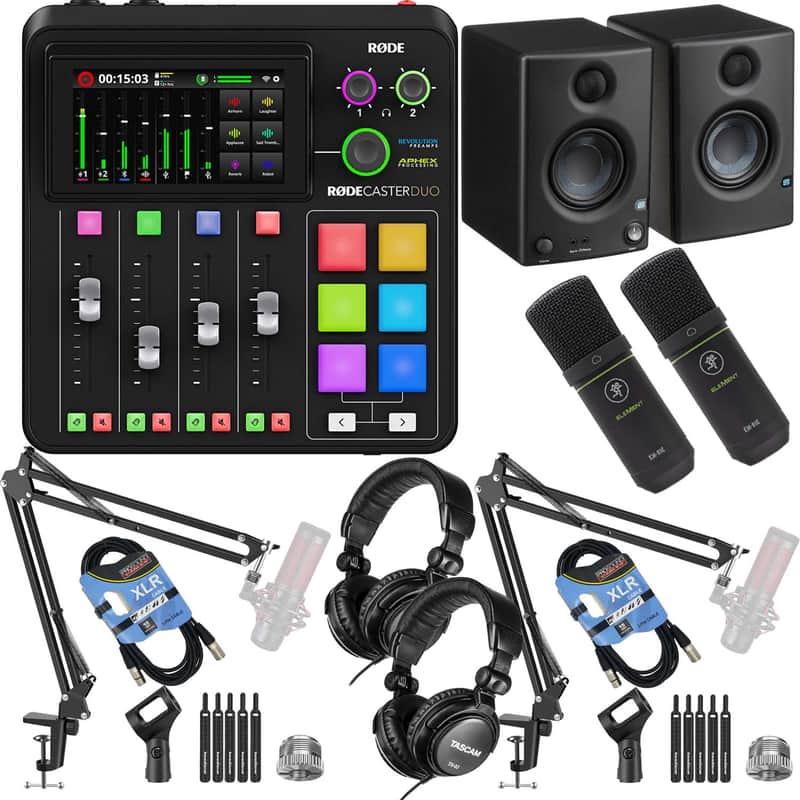 Rode RodeCaster Duo Streaming Mixer, (2) Mackie EM-91C, Presonus Eris3.5, (2) Tascam TH02, (2) Mic BoomArm, (2) XLR Cables Bundle image 1