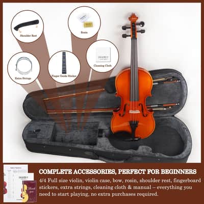 Violin 4/4 Full Size Kit for Beginners, Glossy Violin Fiddle Set for Adults, Students with Violin Case, Bow, Rosin, Fingerboard Sticker, Shoulder Rest, Extra Strings and Bridge(Plywood, Full) image 4