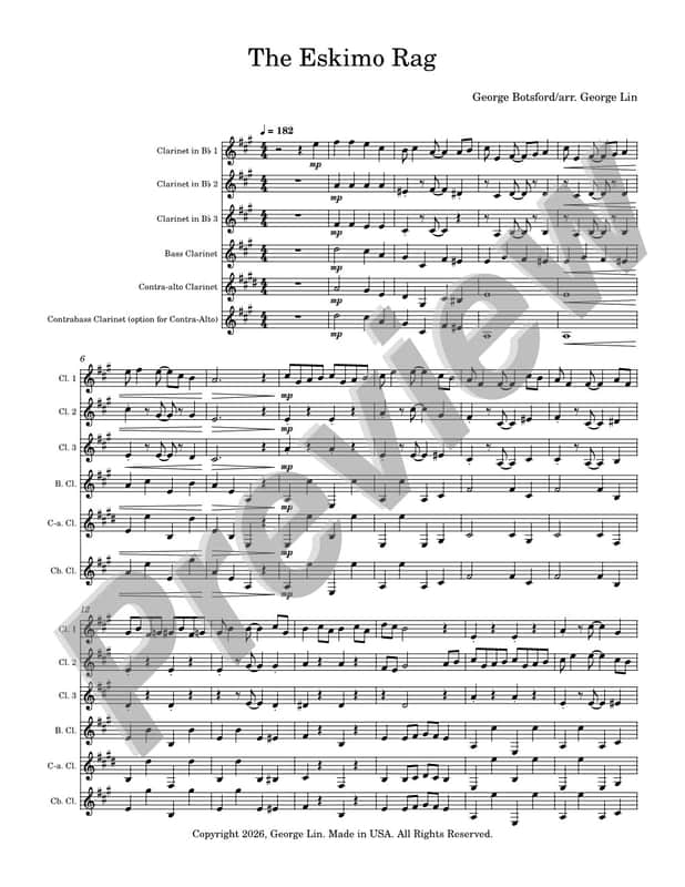 Clarinet Sheet Music - The Eskimo Rag (George Botsford).   Arranged for clarinet quintet.  Full Score and Parts. image 1
