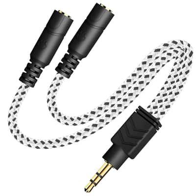 Headphone Splitter, Knitted 3.5mm Audio Splitter TRS 3-Pole Aux Splitter Cable for Headphones Earphones Speakers -Zebra White image 1