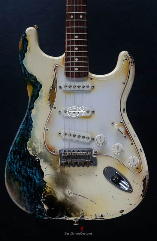 Fender Stratocaster Vintage White over Blue Zebra Heavy Aged Relic image 1