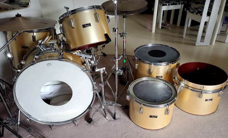 6PC VTG 1970's PEARL 22x14,16x16, 16,15,14,13 Gold Satin "Phenolic"  Concert/Power Drum Kit - Gorgeous Clean A+ image 1