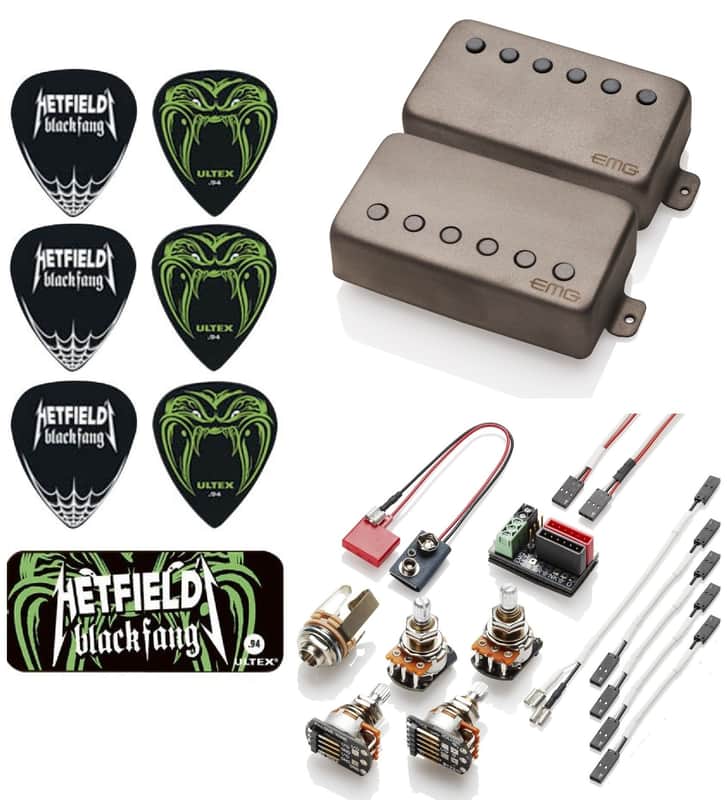 EMG F JH SET JAMES HETFIELD SANDBLASTED SET 52mm FLOYD ROSE SPACED SHORT SHAFT POTS & WIRING ( 6 BLACK FANG PICKS & TIN ) image 1
