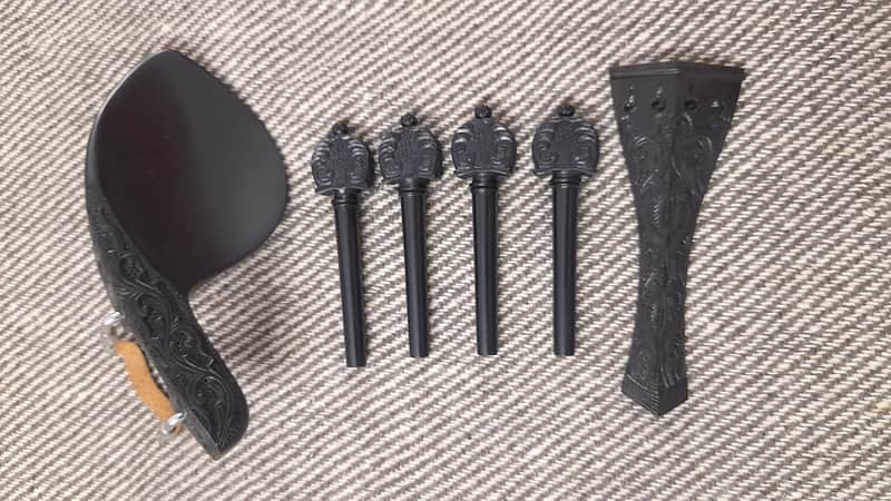 Hand Carved Violin Parts set for 4/4 size violin made of ebony wood image 1