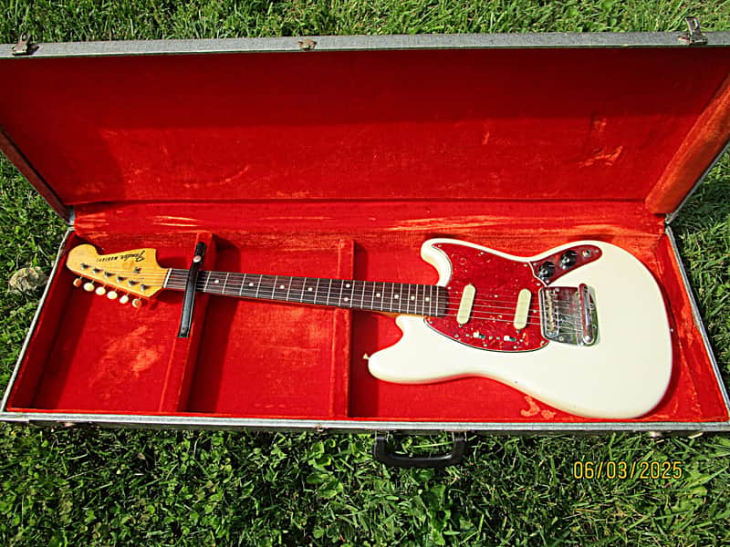 Fender Mustang Guitar, 1964, White, Kluson Tuners, Stackpole Pots, Case image 1