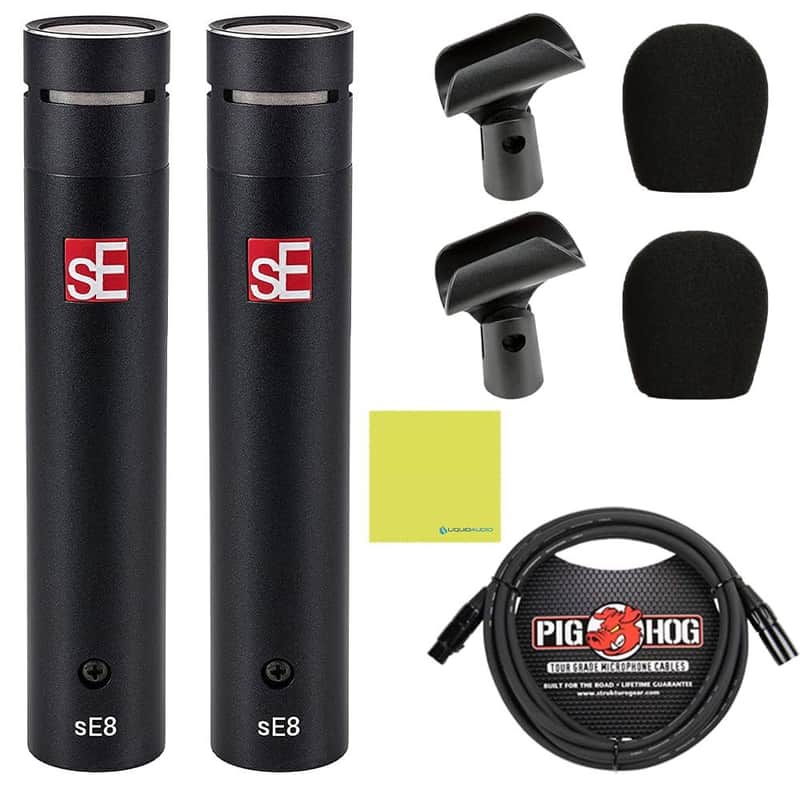Liquid Audio sE Electronics sE8 Small-Diaphragm Condenser Microphone - Pair Bundle with Pig Hog PHM10 8mm Mic Cable Polishing Cloth image 1