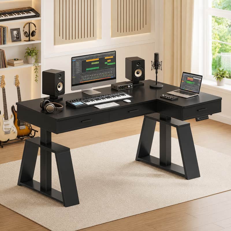 59" L-Shaped Electric Standing Producer Desk – Black Studio Workstation with Drawers, Power Outlets & Monitor Stand image 1