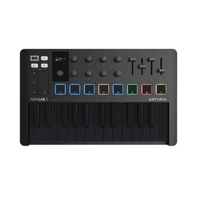 Arturia MiniLab 3, 25 Slim-Key USB-C Midi Controller with 5-Year Warranty, 8 Backlit LED Pads, 8 Knobs, 4 Faders, Midi Out, Built-in Arpeggiator, Chord mode and Software Bundle image 1