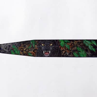 Burny Black Handmade Leather Guitar Strap: Black Panther_Carved & Painted, Custom Initials 2026(made to order) - oil image 11