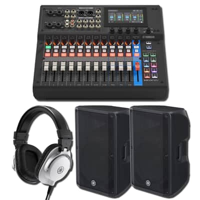 Yamaha MGX12V B 18-Channel Digital Mixing Console with HDMI 4K Video Interface, On-Camera White-Studio PA Bundle with 2x DBR15 15-Inch 1,000W Powered Loudspeakers and HPH-MT5W White Closed-Back Studio Monitor Headphones image 1
