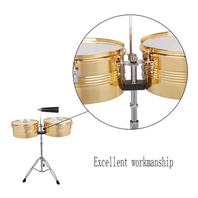 Glarry 13" & 14" Timbales Drum Set with Stand and Cowbell Golden image 14