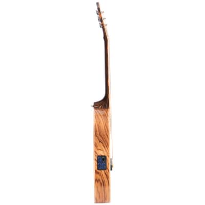 Lindo Earth Slim Body Electro Acoustic Guitar | Figured Tamo Ash and Flatsawn Zebrano | BS3M Blend Preamp/Tuner with Dual Jack/XLR Output | Solid Maple Teal Fretboard and Bridge (Nylon Strings) image 3