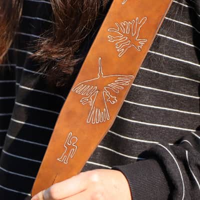 Burny Black custom made guitar strap leather - nasca lines brown/white made to order - oil image 3
