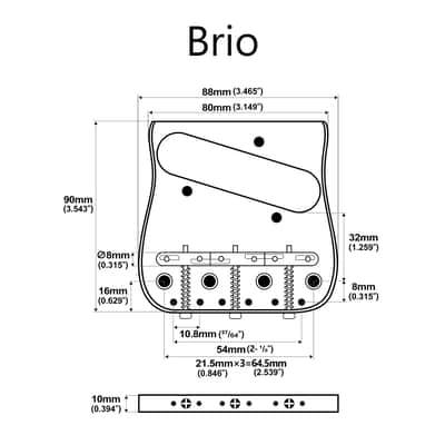Brio Telecaster Guitar Bridge โ 54mm Brass Plate, 3 Compensated Saddles โ Top-Load & String-Through, Curved Vintage Style image 2
