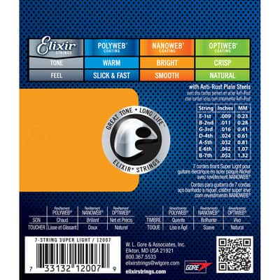 Elixir 12007 Nanoweb Coating Electric Guitar Strings 7-String Super Light (9-52) image 5