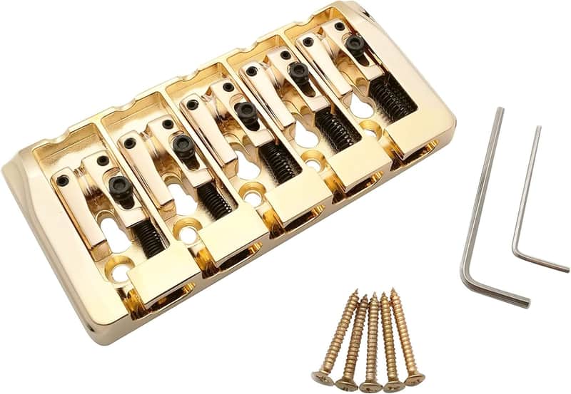 5 String Bass Bridge with Locking Zinc Saddles – Dual Load Type A Bridges String Space 19mm Replacement for Bass or Precision Electric Instruments (Golden) image 1