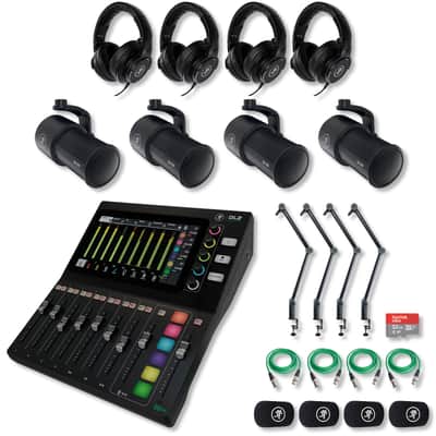 Mackie DLZ Creator Digital Mixer with 4x EM-99B Dynamic Microphones, MC-150 Professional Closed-Back Headphones, DB-200 Microphone Boom Arms, 1x microSD Card and StreamEye Cloth image 1