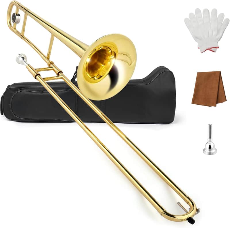 B Flat Tenor Trombone with Mouthpiece, Brass Slide Bb Trombones for Beginners, Portable Instrument Includes Cleaning Cloth, Gloves and Trombone Case (Golden) image 1