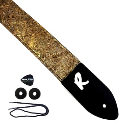 Gold Metallic Vegan Leather Guitar Strap-Gold Tooled Faux Leather Guitar Strap-Genuine Leather Ends -Fits Acoustic, Electric or Bass Guitars image 1