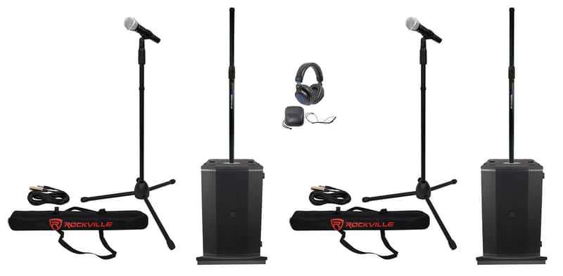 DJ Package 2) 10" Imperio SUB210 Active DJ PA Subwoofers+Stands+Headphones+Mics image 1