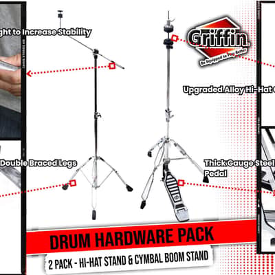 GRIFFIN Hi-Hat Pedal & Cymbal Boom Stand Kit (Percussion TiltPro X Edition) 2 Pack – Chrome Drum Hardware with Pull Chain, Counterweight & Double-Braced Legs image 14