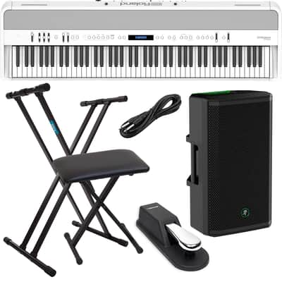 Roland FP-90X Digital Piano (White), Stand, Bench, Sustain Pedal, Mackie Thrash 212, 1/4 Cable Bundle