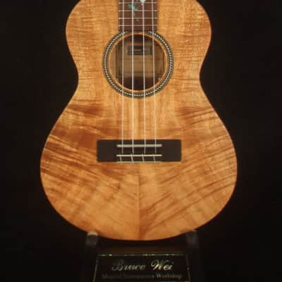 Handmade Tenor Ukulele, Solid Curly Hawaiian Koa, Curly Maple Arch-Back, MOP Floral Inlay, Bruce Wei UAG17-2016 image 6