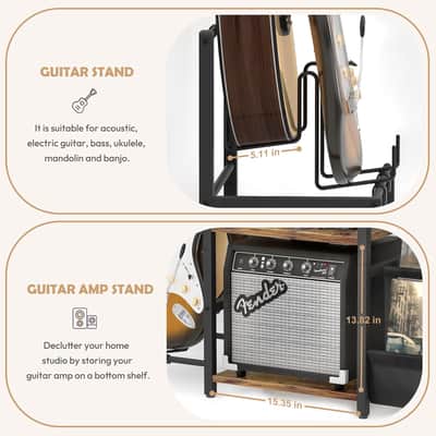 Record Player Stand, Guitar Stand for Acoustic, Electric Guitar, Bass with Amp Stand, 3-Tier Vinyl Record Storage Up to 200 Albums, Record Player Table for Record Player, Speaker, Amplifier image 4