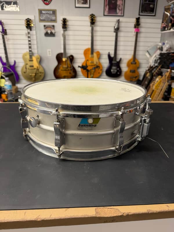 Ludwig No. 404 Acrolite 5x14" 8-Lug Aluminum Snare Drum with Pointed Blue/Olive Badge 1969 - 1979 - Matte Aluminum image 1