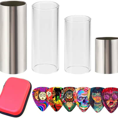 Guitar Slide, Set of 2 Glass Guitar Slide, 1 Steel Guitar Slide, 1 Guitar Slide Ring, with 6 Pieces Artistic Guitar Picks in Red EVA Box image 1