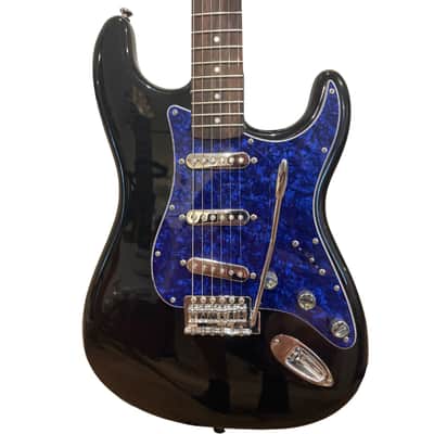 1 of 1 Custom Fender Squier Strat "Midnight Ocean" 2011 - Glossy Black Body w/ Blue Pearl Pickgaurd + Silver Pickups & Control Knobs | Rosewood Fretboard | Hand Painted Headstock | Silver Whammy Bar (Tremelo Arm) | Moon / Ocean / Nautical image 1