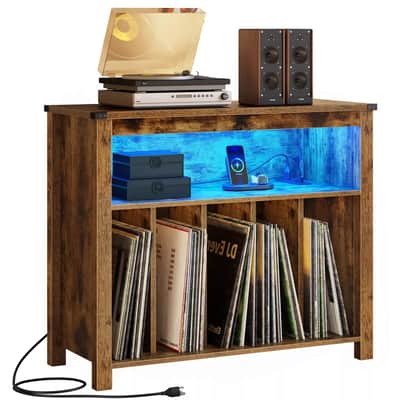 Height-Adjustable Record Player Stand w/ RGB Lights, USB & Power Outlets – Holds 200 Vinyl Albums | Turntable Storage image 1