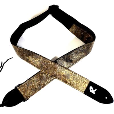 Gold Metallic Vegan Leather Guitar Strap-Gold Tooled Faux Leather Guitar Strap-Genuine Leather Ends -Fits Acoustic, Electric or Bass Guitars image 3