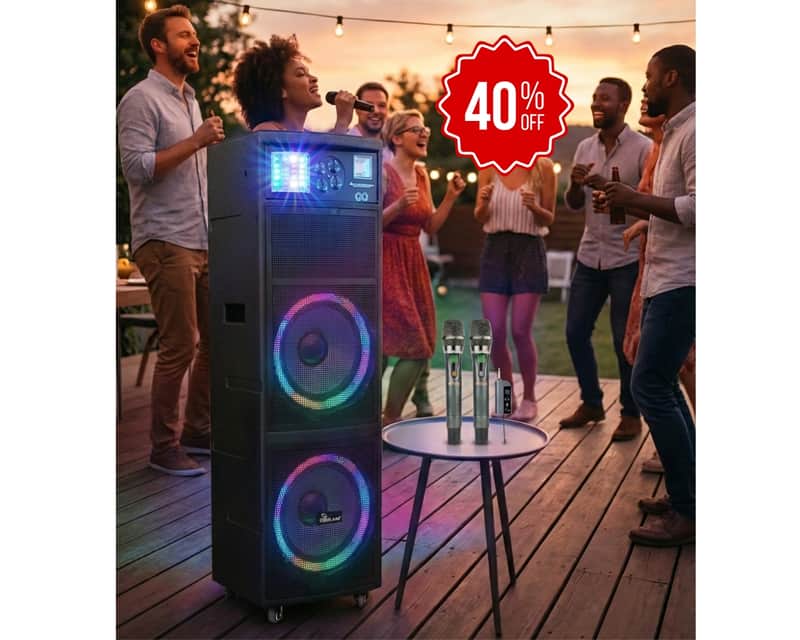Opened Box | IPSDJ07II Portable Rechargeable Bluetooth Karaoke Speaker w/ Dual Wireless Mics, Multi Effect Light image 1
