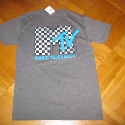 new with hang-tag A+ MTV Checkerboard Logo size Medium (M) Men's Short Sleeve T Shirt, Charcoal Heather Gray, 60% Cotton, 40% Polyester - retro 1980s MTV graphic: checkered black & white with turquoise (style # MTVN0077) image 6