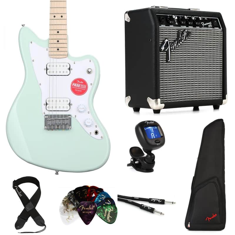 Squier Mini Jazzmaster HH Electric Guitar and Fender Frontman 10 Amp Essentials Bundle - Surf Green image 1
