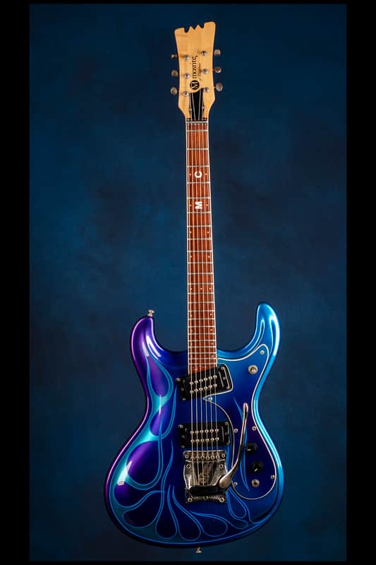 Mosrite [Vibramute Model] specially built for Mick Mars of Mötley Crüe by Semie Mosely 1991 Metallic blue/purple with flame pinstriping image 1