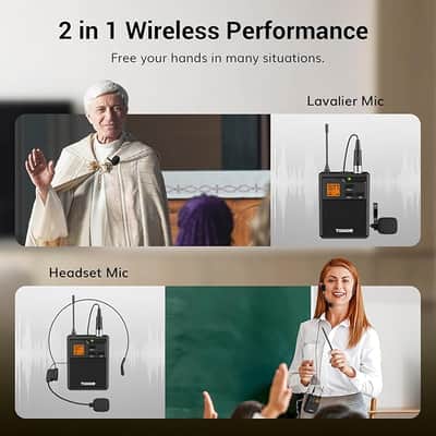UHF Wireless Microphone System with Dual Headset Microphones/Lavalier Lapel Mics, Bodypack Transmitters, Mini Rechargeable Receiver, 2x15 Channels 200ft Range, for Recording Speech PA Speaker image 4
