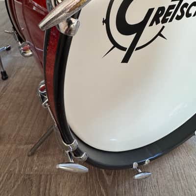 Gretsch  1962 Era Round Badge Progressive Jazz Bop Drum Set 18 Inch Bass Drum Tangerine Glass Glitter image 5