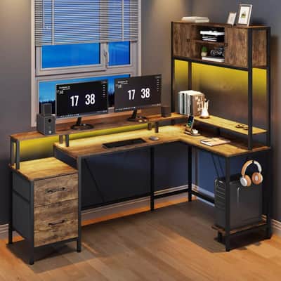 L-Shaped Music Studio Desk with LED Lights, File Drawer & Monitor Shelf - Ultimate Workspace for Two image 1