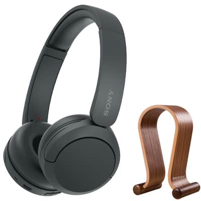 Sony Wireless Headphones with Microphone, Black with Wood Headphone Display Stand image 1