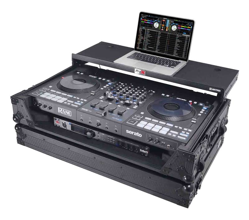 ProX XS-RANEFOUR WLTBL LED ATA Flight Style Road Case for RANE Four DJ Controller with 1U Rack Space and Wheels - Black Finish image 1